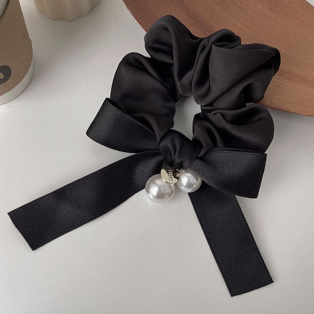 Ribbon Faux Pearl Hair Tie - 04 - Black / One Size