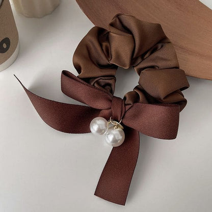 Ribbon Faux Pearl Hair Tie - 05 - Brown / One Size