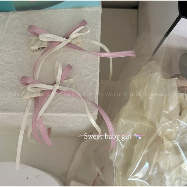 Ribbon Hair Clip - 1 Pc - Ribbon Hair Clip - White & Pink