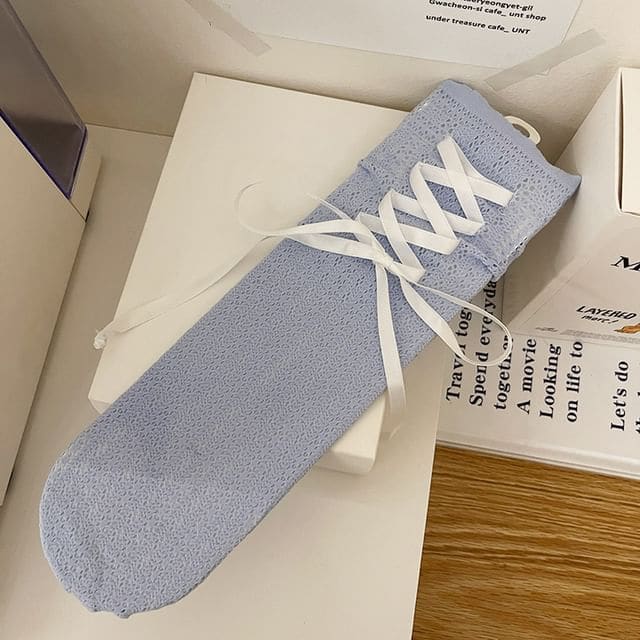 Ribbon Lace Up Short Socks - 1 Pair - Blue / One Size