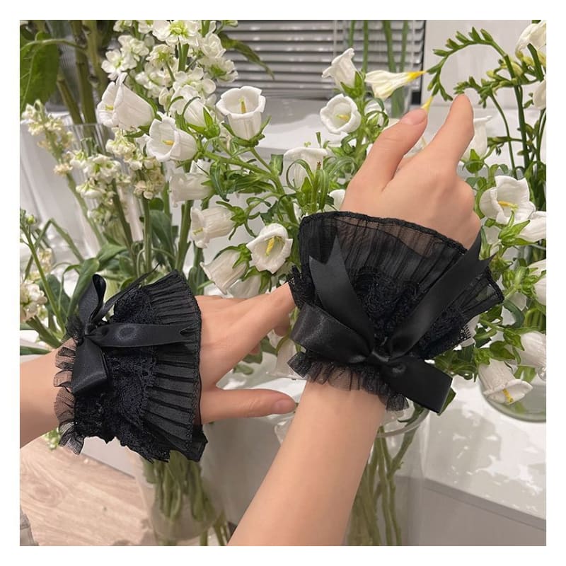 Ribbon Lace Wrist Cuffs - 1 Pair - Black / One Size