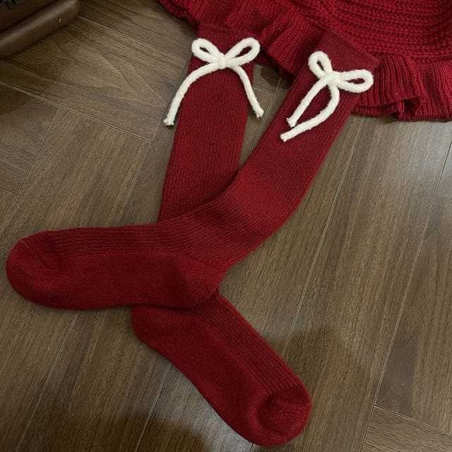 Ribbon Long Socks - Red / One Size