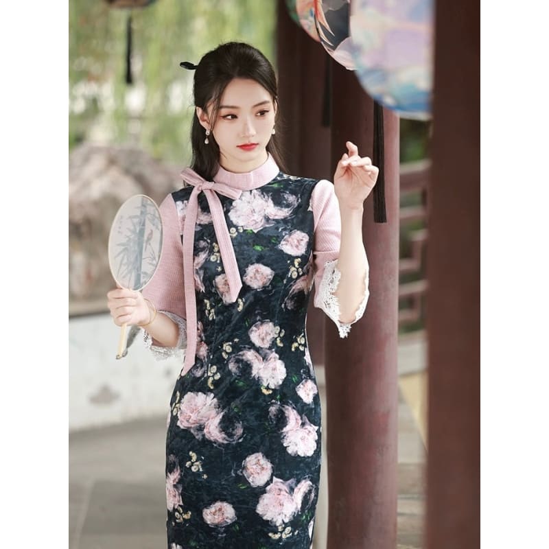 Ribbon Mid Sleeve Long Cheongsam - Female Hanfu