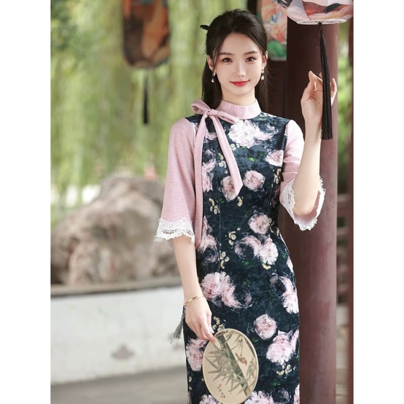 Ribbon Mid Sleeve Long Cheongsam - Female Hanfu