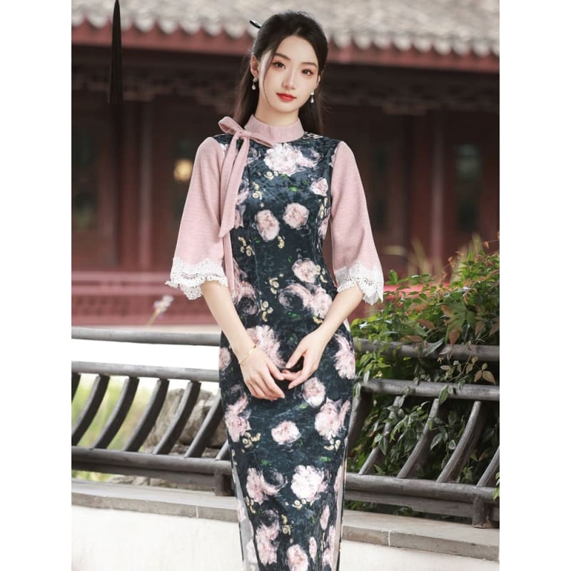 Ribbon Mid Sleeve Long Cheongsam - S - Female Hanfu