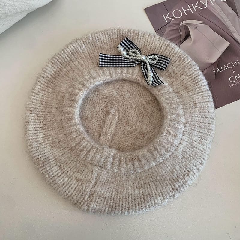 Ribbon Plaid Faux Pearl Knit Beanie