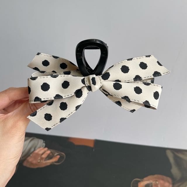 Ribbon Polka Dot Hair Claw Clip - 01 - Black Dot - White