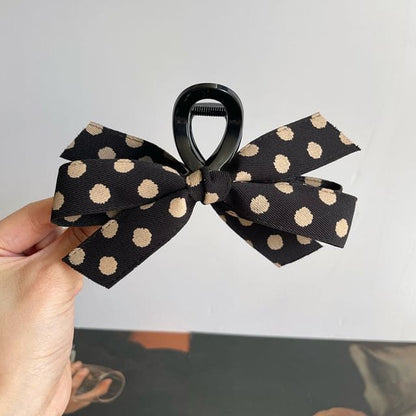 Ribbon Polka Dot Hair Claw Clip - 02 - Beige Dot - Black