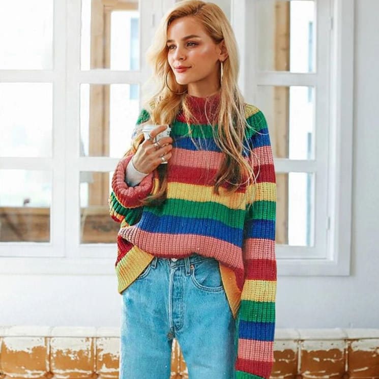 Roll Neck Rainbow Knit Jumper - Free Size / Multi - Sweaters