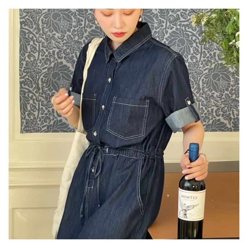 Roll-Sleeve Denim Midi Shirt Dress - Dark Blue / One Size