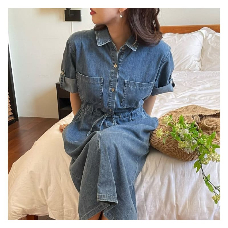 Roll-Sleeve Denim Midi Shirt Dress - Dark Blue / One Size