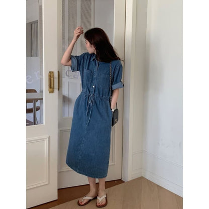 Roll-Sleeve Denim Midi Shirt Dress - Dark Blue / One Size