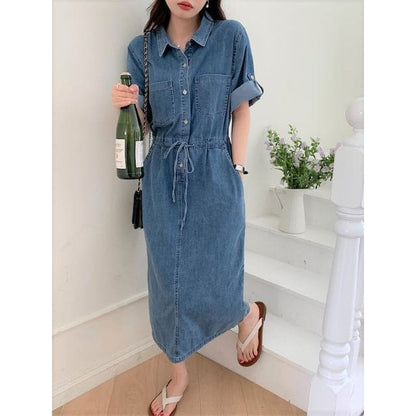 Roll-Sleeve Denim Midi Shirt Dress - Dark Blue / One Size