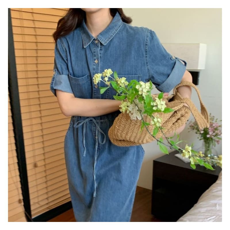 Roll-Sleeve Denim Midi Shirt Dress - Dark Blue / One Size