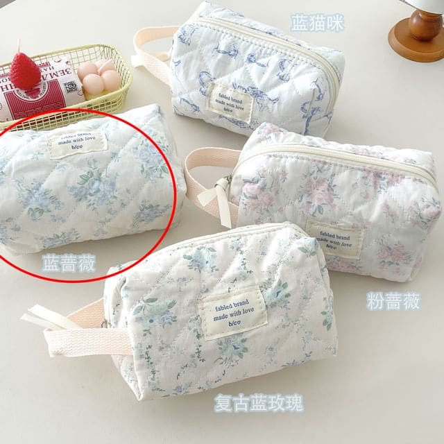 Rose / Cat Print Makeup Bag - 01 - Rose - Blue / One Size