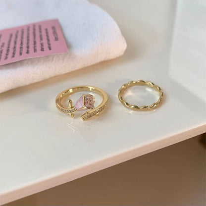 Rose Enamel Alloy Open Ring / Wavy Alloy Open Ring - J4477