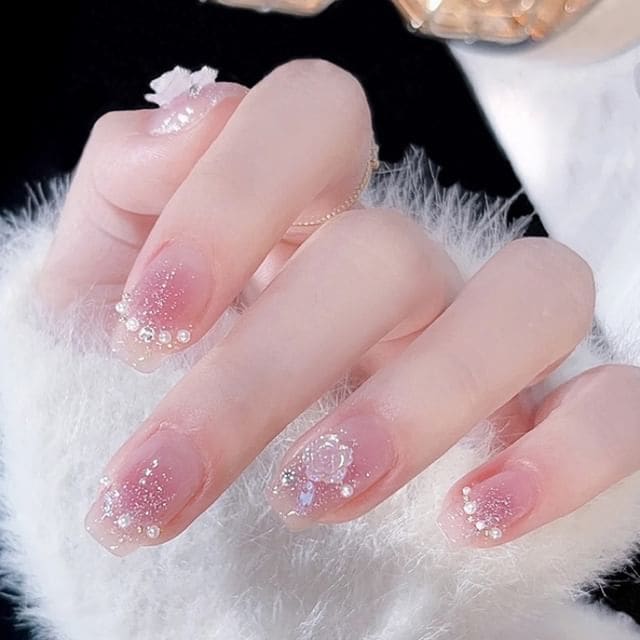 Rose Faux Pearl Pointed Press-On Nails - With Glue - D139