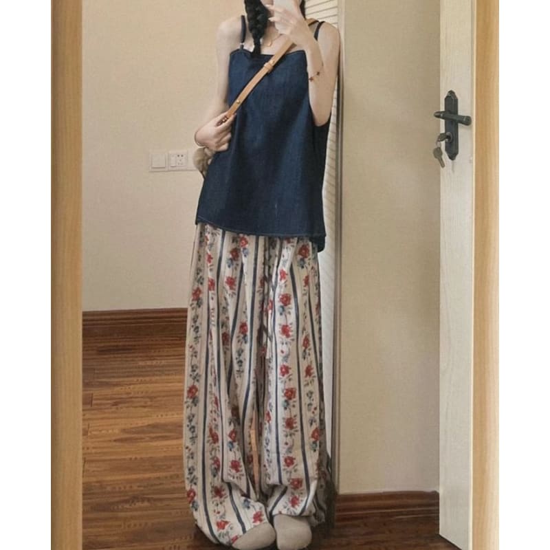 Rose Floral Print High Rise Elastic Waist Wide Leg