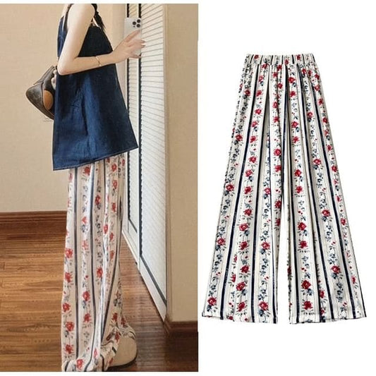 Rose Floral Print High Rise Elastic Waist Wide Leg