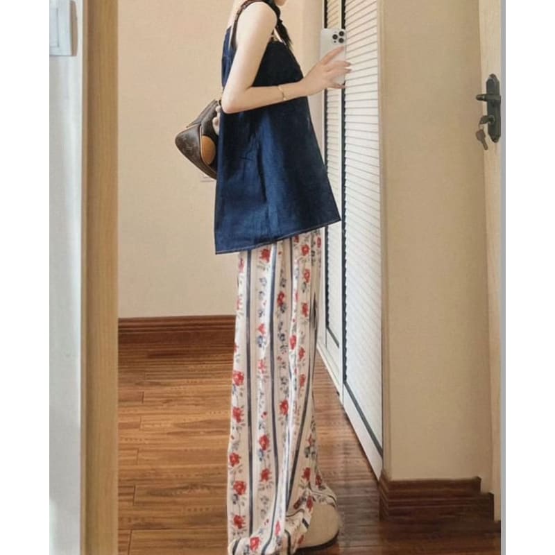 Rose Floral Print High Rise Elastic Waist Wide Leg