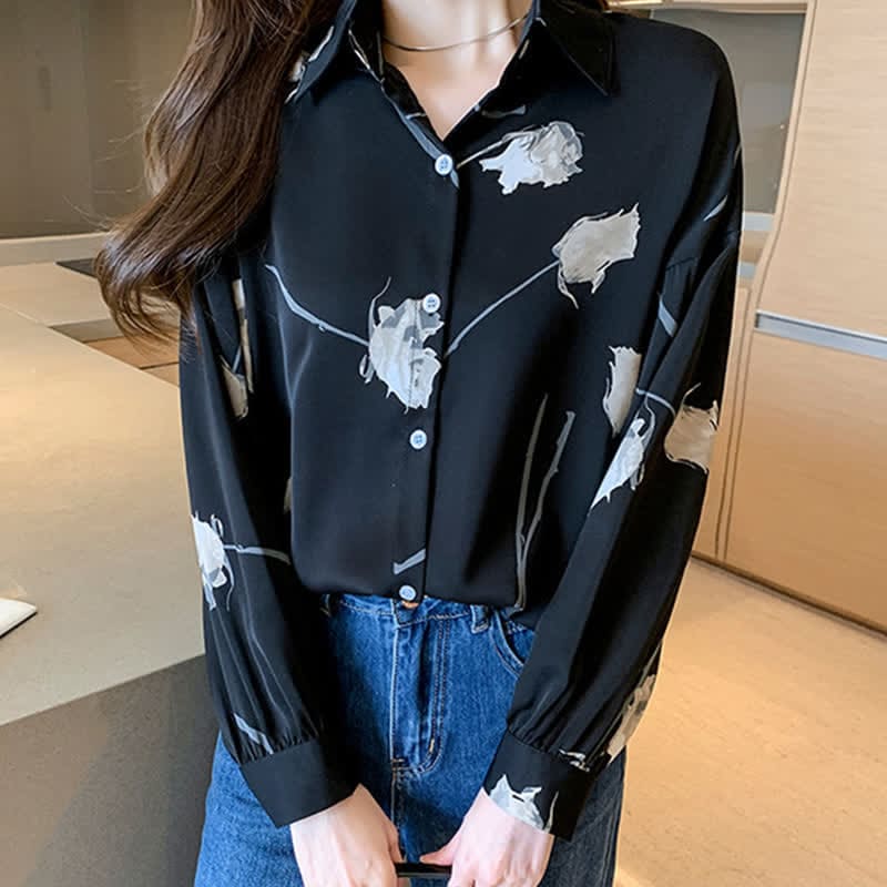 Rose Print Lapel Satin Shirt