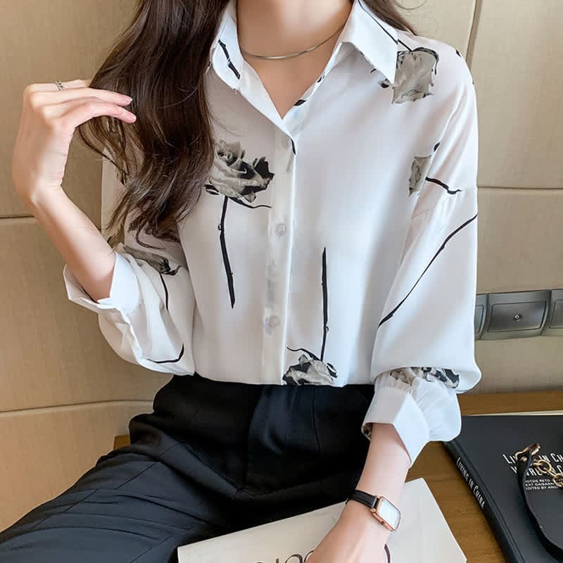 Rose Print Lapel Satin Shirt