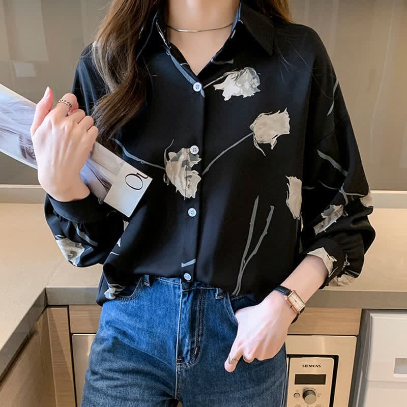 Rose Print Lapel Satin Shirt - Black / M