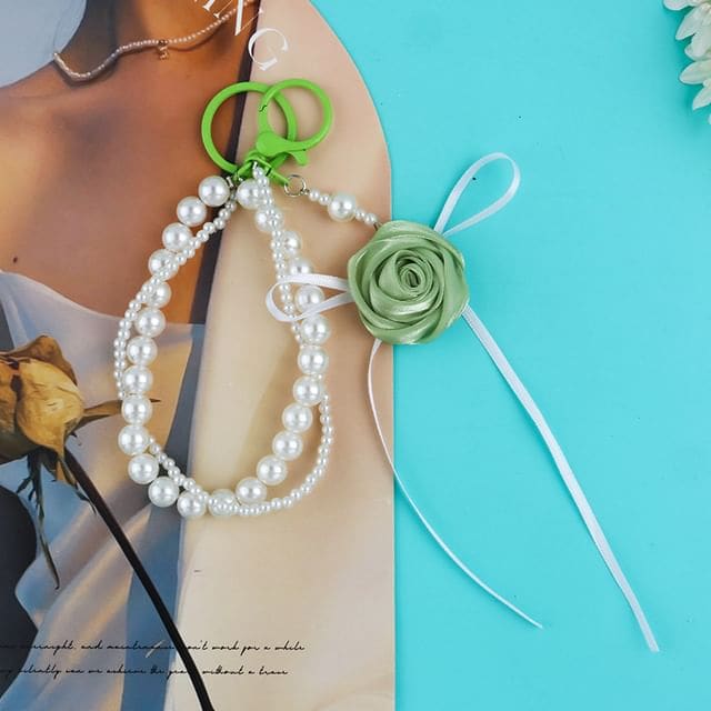 Rose Ribbon Faux Pearl Keyring - Q1637-2 - White & Green