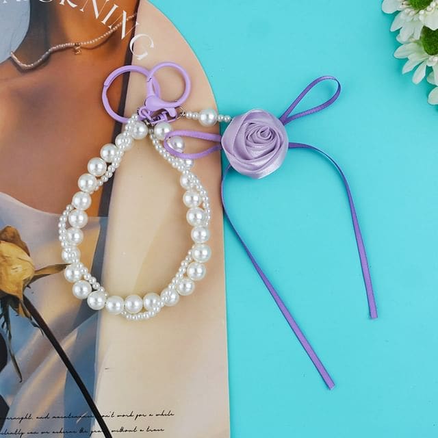 Rose Ribbon Faux Pearl Keyring - Q1637-3 - White & Purple