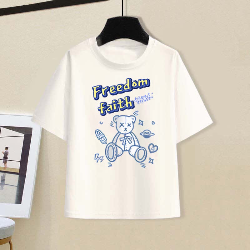 Round Collar Bear Print Casual T-Shirt Lattice Blue Pants