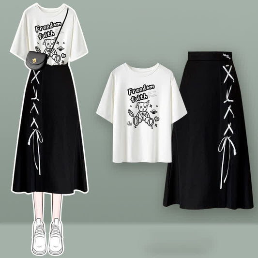 Round Collar Bear Print T-Shirt Lace Up Skirt - Set A / M