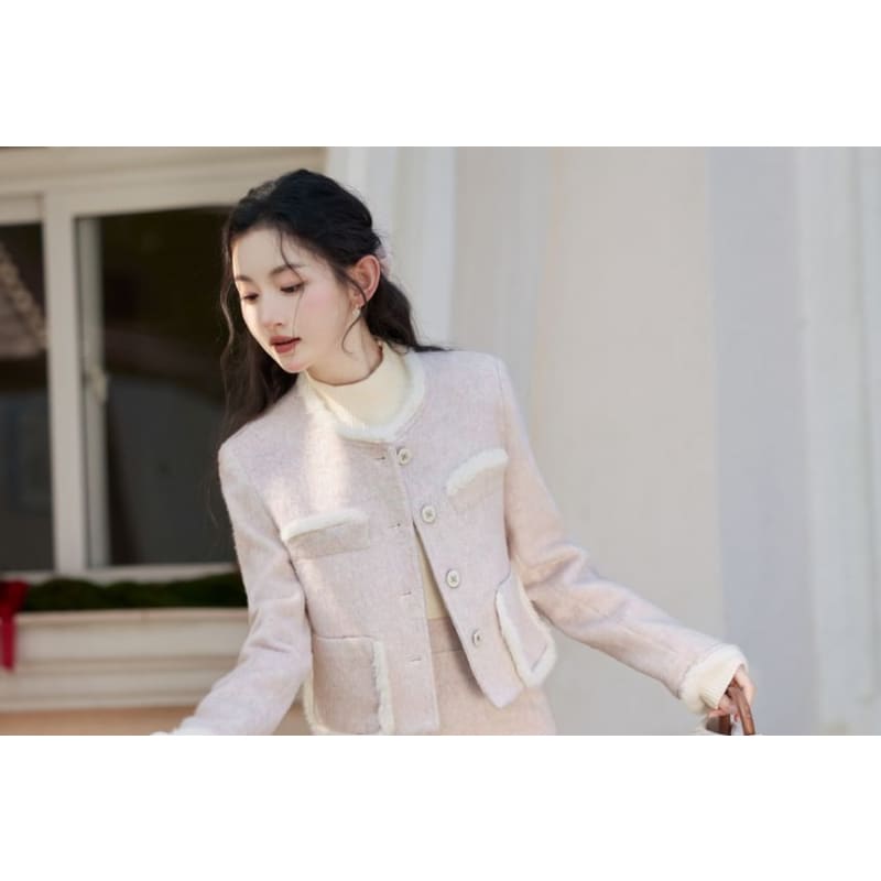 Round Neck Contrast Trim Button Jacket / High Waist Plain