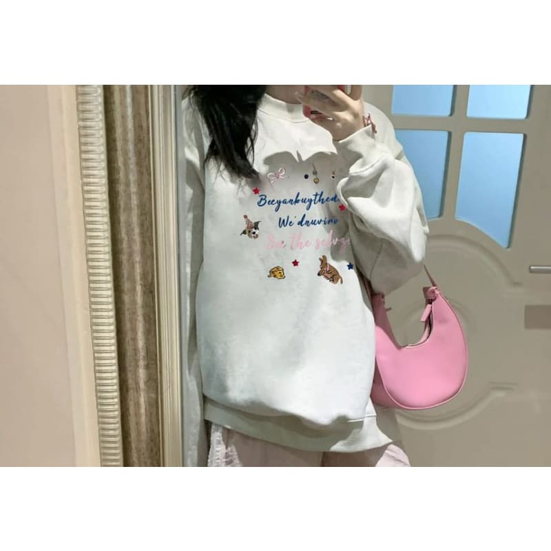 Round Neck Lettering Cartoon Embroidered Sweatshirt