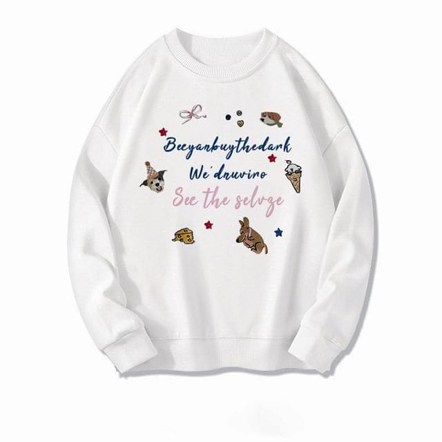 Round Neck Lettering Cartoon Embroidered Sweatshirt - White