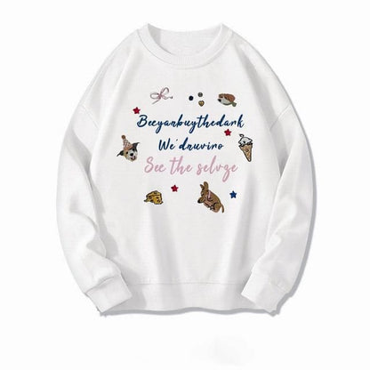 Round Neck Lettering Cartoon Embroidered Sweatshirt - White