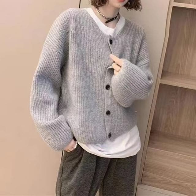 Round-Neck Loose Cardigan - Gray / One Size