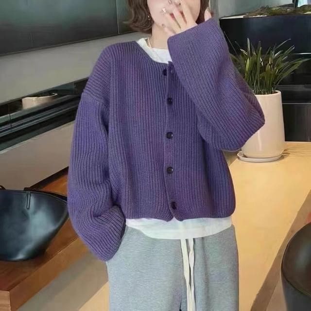 Round-Neck Loose Cardigan - Purple / One Size