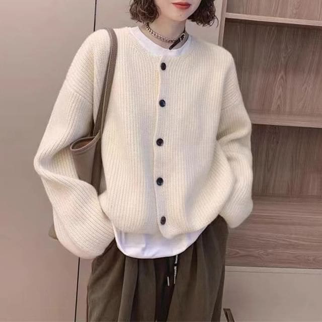 Round-Neck Loose Cardigan - White / One Size