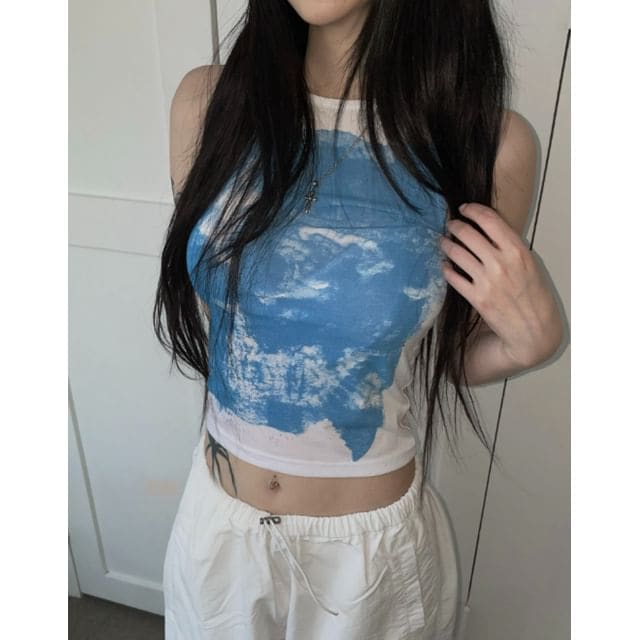 Round Neck Patterned Crop Tank Top - White & Blue / S