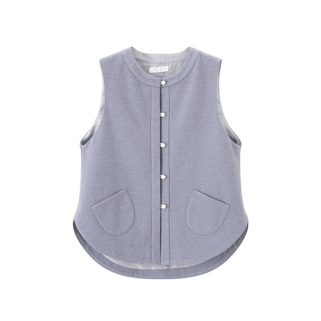 Round Neck Plain Single Breasted Vest / High Waist Maxi