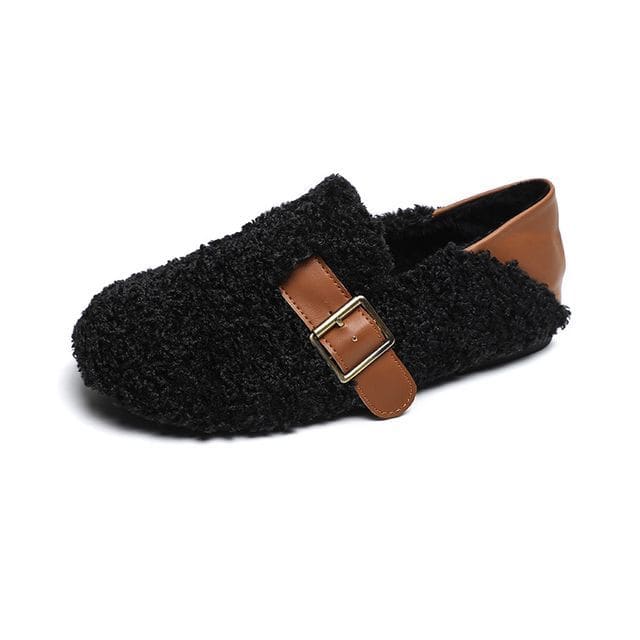 Round Toe Buckled Fleece Slip Ons - Black / 34