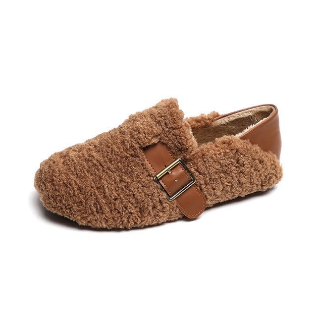 Round Toe Buckled Fleece Slip Ons - Brown / 34