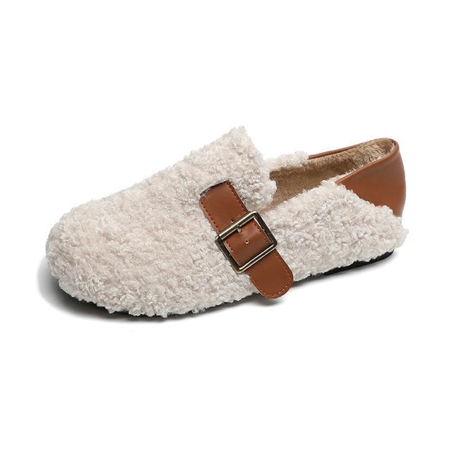 Round Toe Buckled Fleece Slip Ons - Off-White / 34