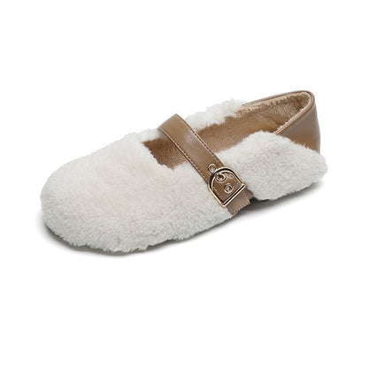 Round Toe Fleece Mary Jane Shoes - Beige / 34