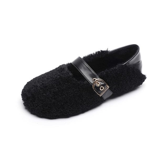 Round Toe Fleece Mary Jane Shoes - Black / 34