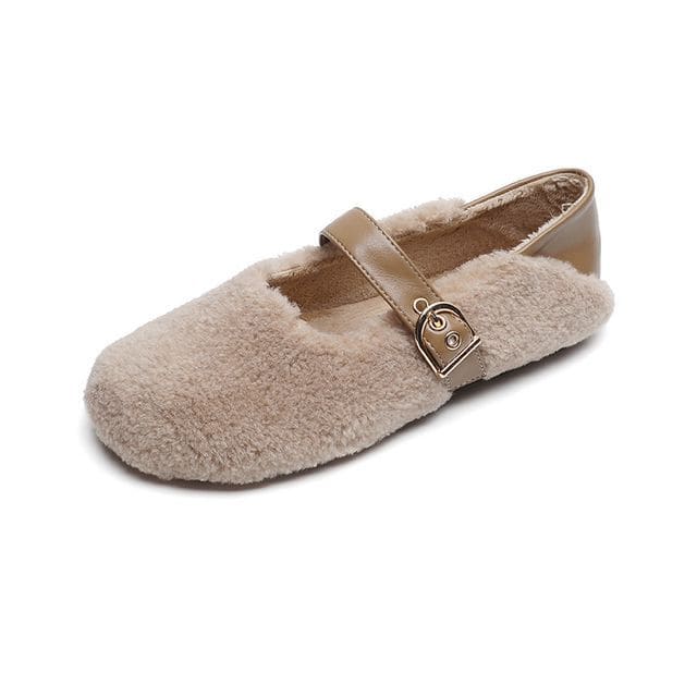 Round Toe Fleece Mary Jane Shoes - Khaki / 34