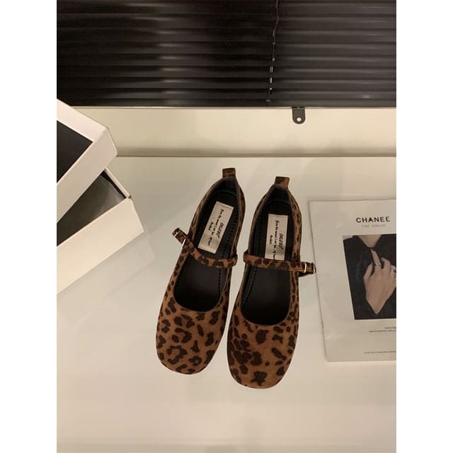 Round Toe Mary Jane Shoes - OKB392 - Leopard Print - Brown