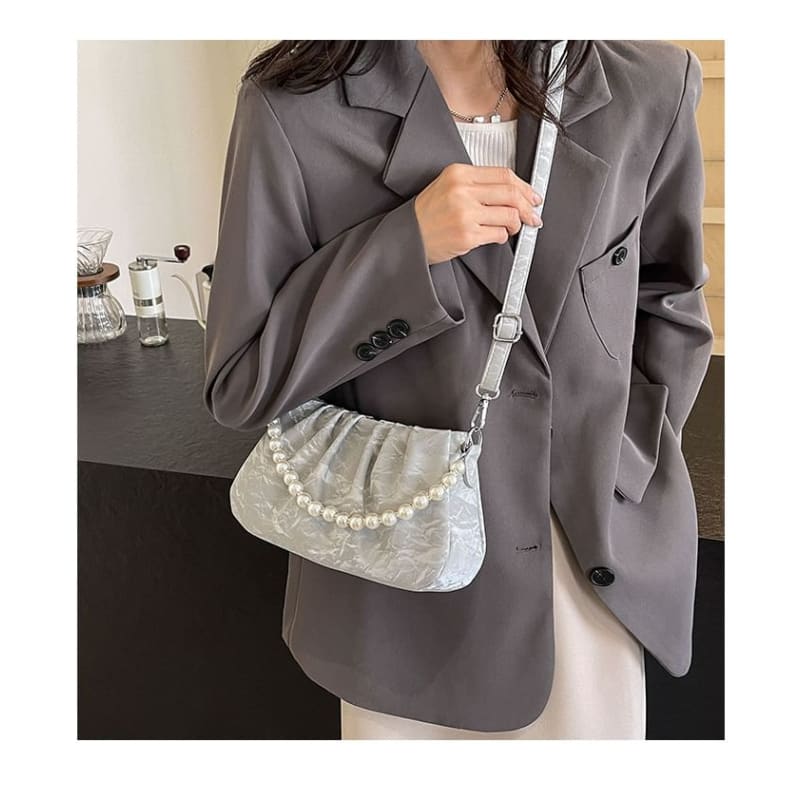 Ruched Faux Pearl Shoulder Bag