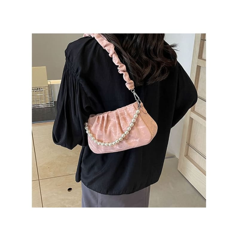 Ruched Faux Pearl Shoulder Bag