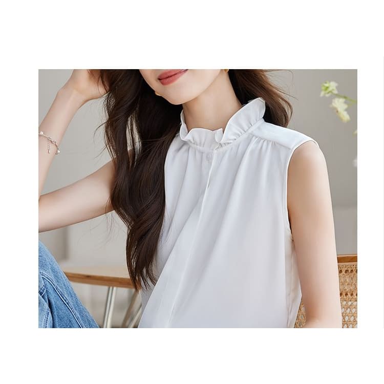 Ruffle Neck Sleeveless Plain Blouse Egirldoll